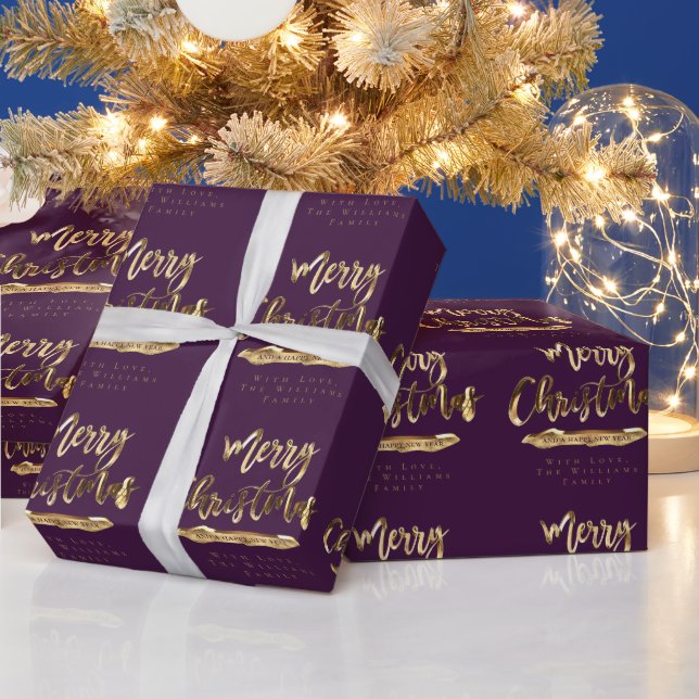 Merry Christmas Happy New Year Elegant Gold Purple Wrapping Paper (Holidays)