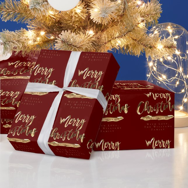 Merry Christmas Happy New Year Elegant Gold Red Wrapping Paper (Holidays)
