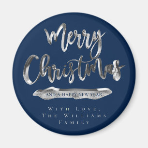 Merry Christmas Happy New Year Elegant Silver Blue Magnet