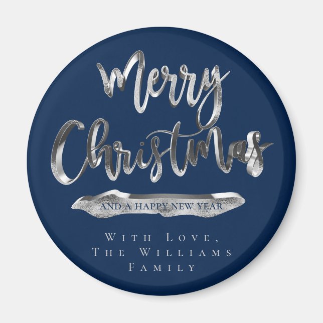 Merry Christmas Happy New Year Elegant Silver Blue Magnet (Front)