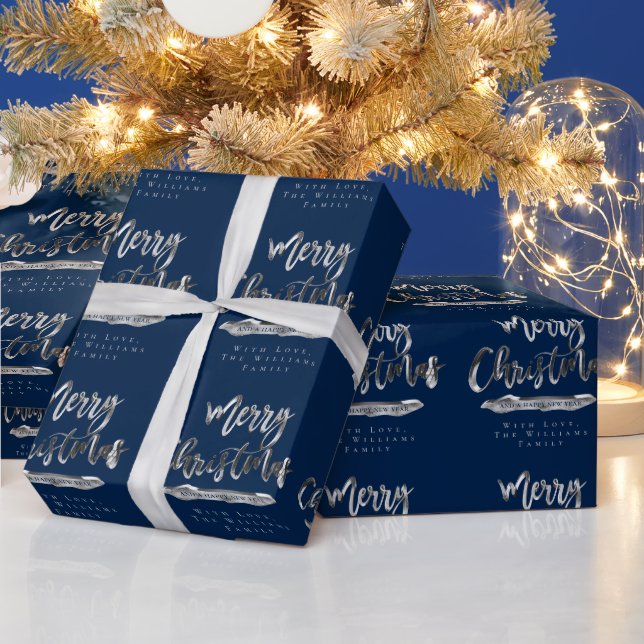 Merry Christmas Happy New Year Elegant Silver Blue Wrapping Paper (Holidays)