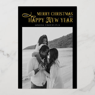 Merry Christmas Happy New Year Family 4 Photos Foil Holiday Card
