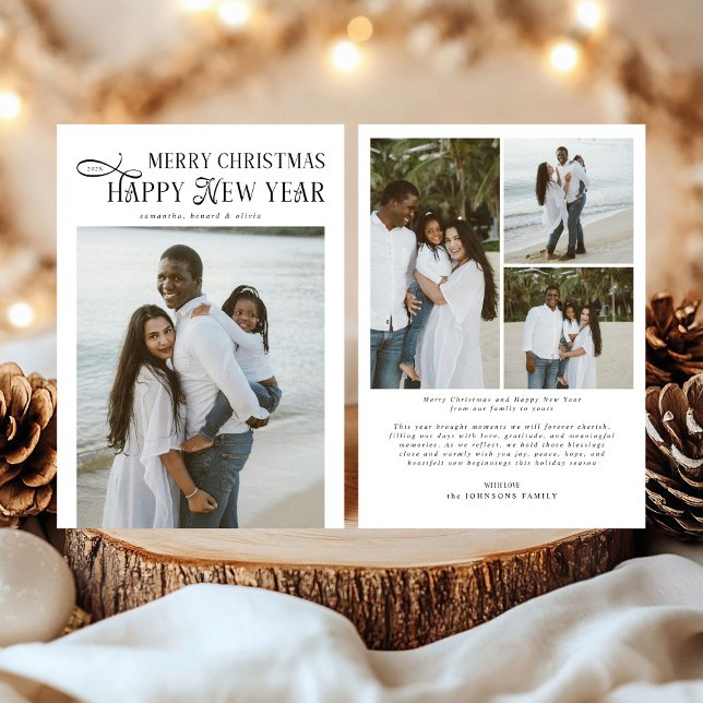 Merry Christmas Happy New Year Family 4 Photos Holiday Card (Creator Uploaded)