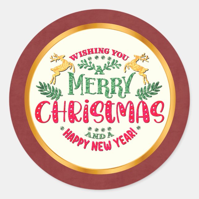 Merry Christmas & Happy New Year Festive Holiday Classic Round Sticker (Front)