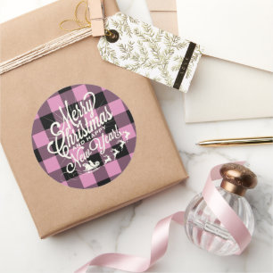 Merry Christmas Happy New Year Fuchsia Black Check Classic Round Sticker