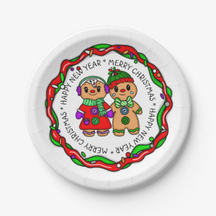 Merry Christmas Happy New Year Gingerbread Man Paper Plate