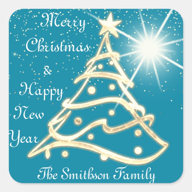 Merry Christmas & Happy New Year Gold Blue Spark Square Sticker (Front)