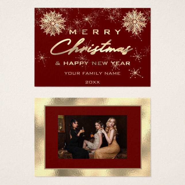 Merry Christmas Happy New Year Gold Burgundy Photo (Front & Back)