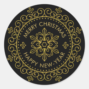 Merry Christmas Happy New Year Gold Circle Frame Classic Round Sticker