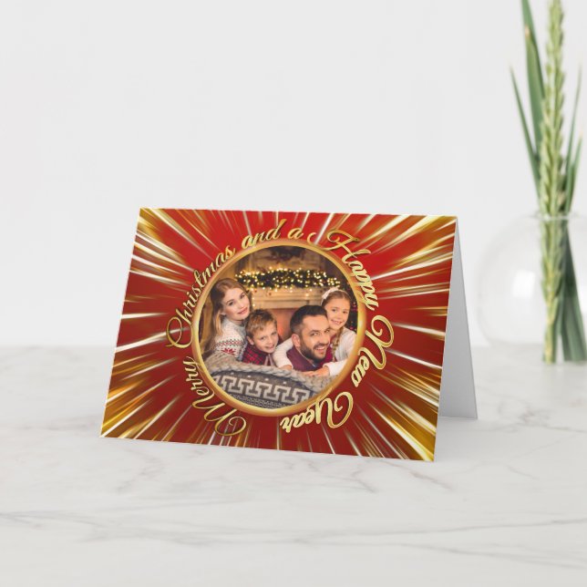 Merry Christmas Happy New Year Gold Circle Photo Holiday Card (Front)