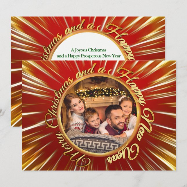 Merry Christmas Happy New Year Gold Circle Photo Holiday Card (Front/Back)