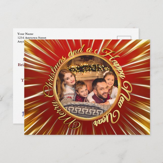 Merry Christmas Happy New Year Gold Circle Photo Postcard (Front/Back)