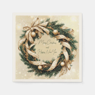 Merry Christmas  Happy New Year Gold Green Wreath Napkin