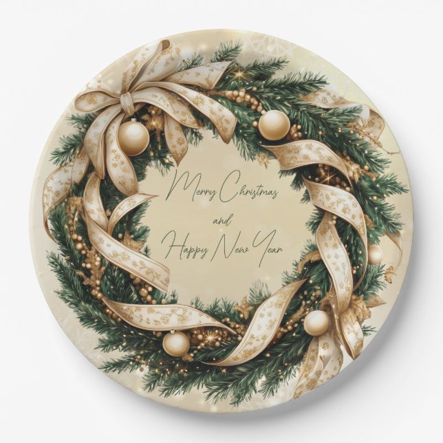 Merry Christmas  Happy New Year Gold Green Wreath Paper Plate (Front)