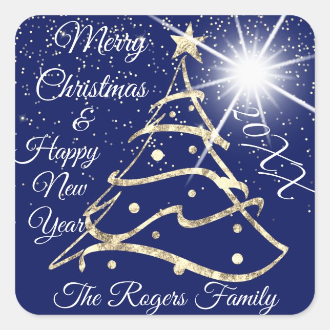 Merry Christmas & Happy New Year Gold Navy Square Sticker (Front)