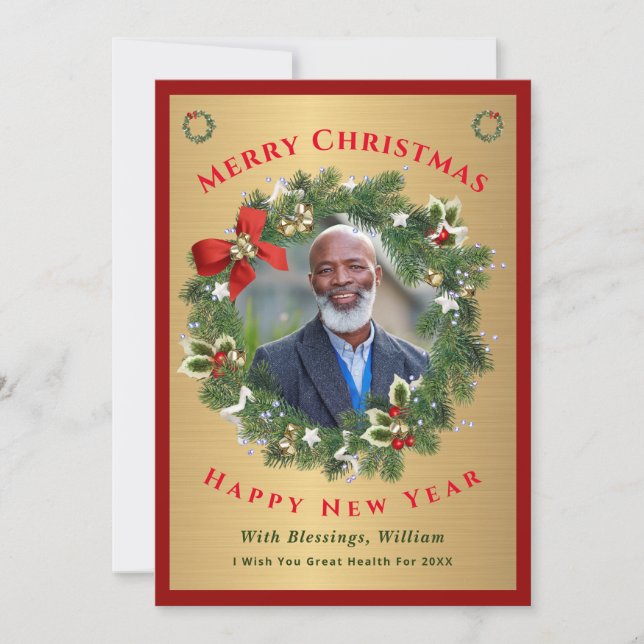 Merry Christmas Happy New Year Gold Red Photo Holiday Card (Front)
