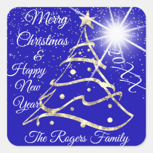 Merry Christmas & Happy New Year Gold Royal Blue Square Sticker