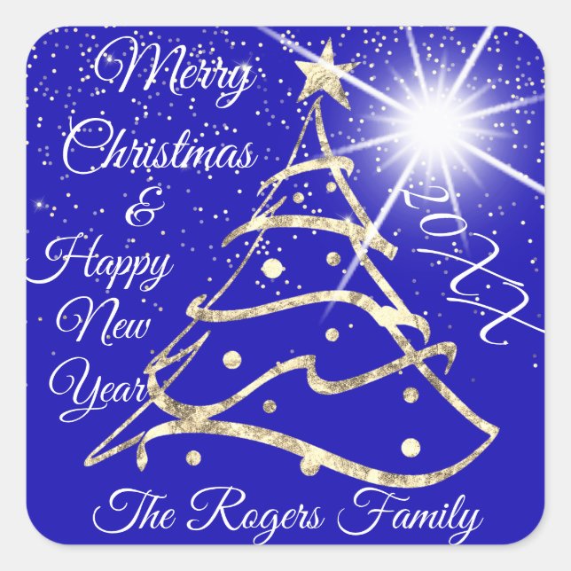 Merry Christmas & Happy New Year Gold Royal Blue Square Sticker (Front)