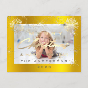 Merry Christmas Happy New Year Gold Snow Photo Postcard