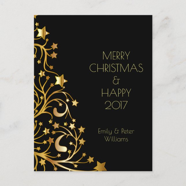 Merry Christmas Happy New Year Gold Stars Black Holiday Postcard (Front)