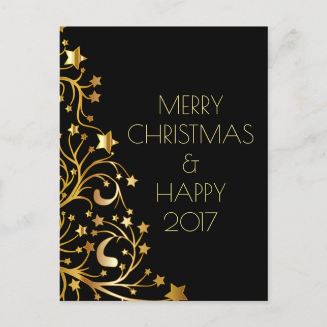 Merry Christmas Happy New Year Gold Stars Black Holiday Postcard (Front)