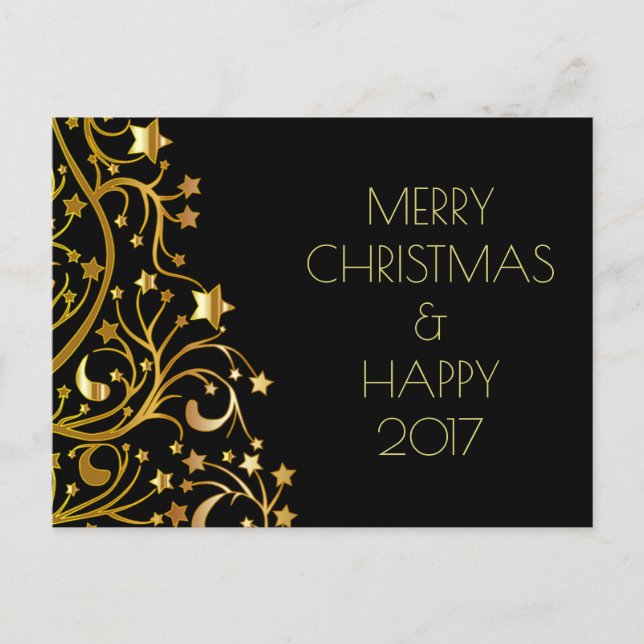Merry Christmas Happy New Year Gold Stars Black Holiday Postcard (Front)