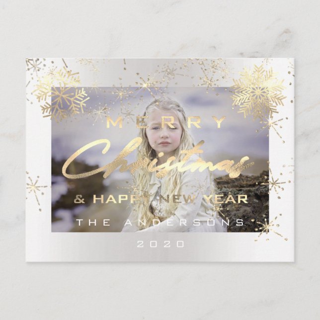 Merry Christmas Happy New Year Gold White  Photo Postcard (Front)