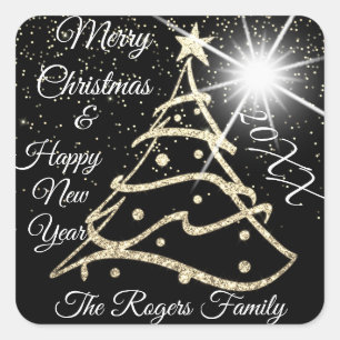 Merry Christmas & Happy New Year Golden Tree Square Sticker
