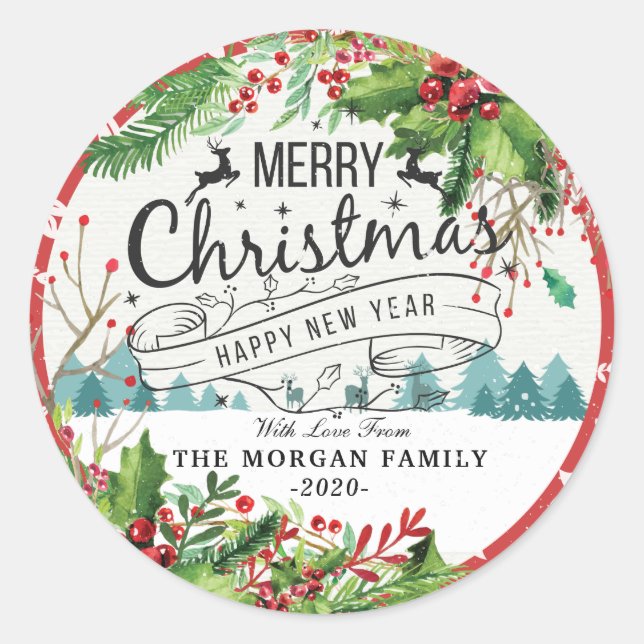 Merry Christmas & Happy New Year Holiday Greetings Classic Round Sticker (Front)