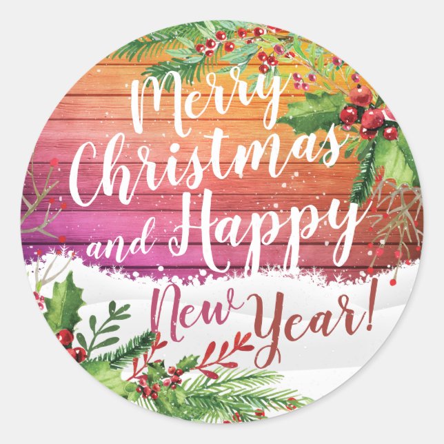 Merry Christmas & Happy New Year Holiday Greetings Classic Round Sticker (Front)