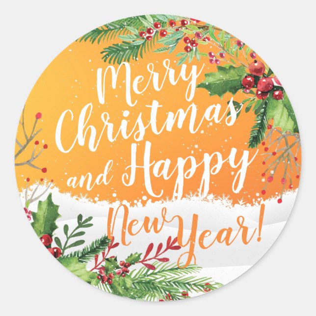 Merry Christmas & Happy New Year Holiday Greetings Classic Round Sticker (Front)
