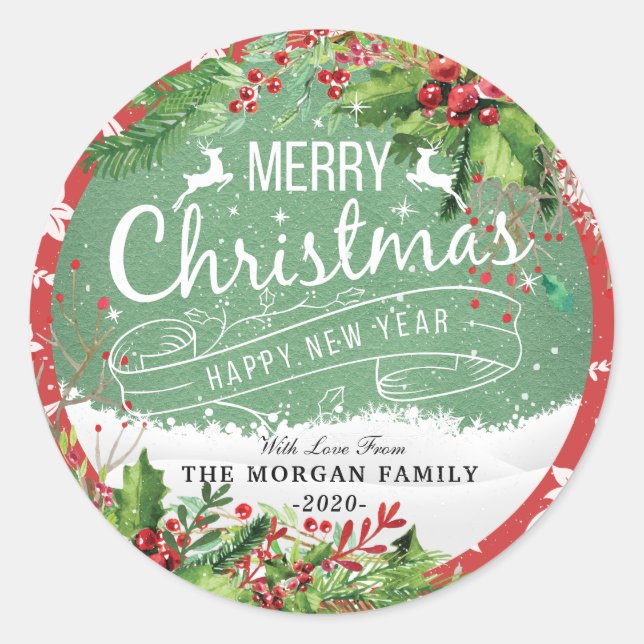 Merry Christmas & Happy New Year Holiday Greetings Classic Round Sticker (Front)