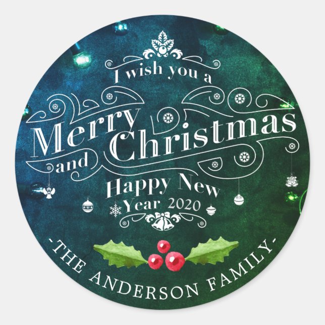 Merry Christmas & Happy New Year Holiday Greetings Classic Round Sticker (Front)