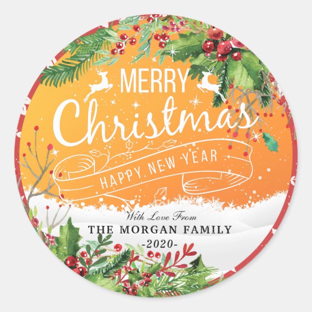 Merry Christmas & Happy New Year Holiday Greetings Classic Round Sticker (Front)