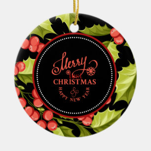 Merry Christmas & Happy New Year, Holly Design Ceramic Tree Decoration