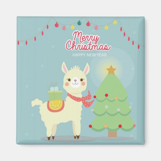 Merry Christmas Happy New Year Llama Magnet (Front)
