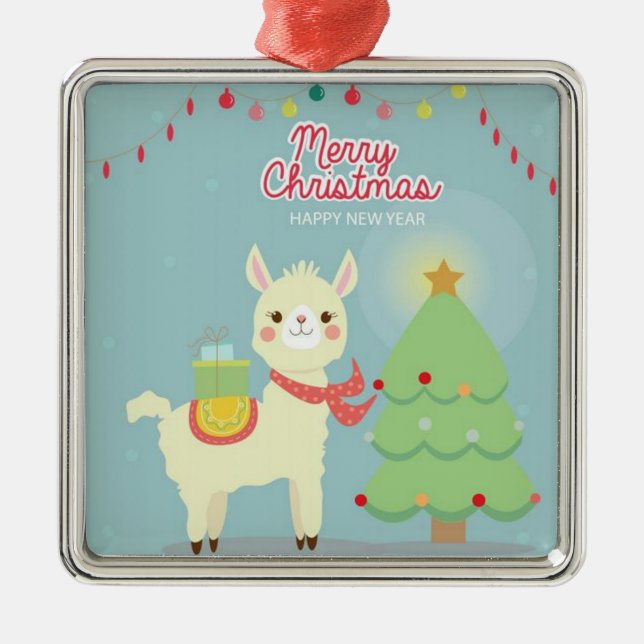 Merry Christmas Happy New Year Llama Metal Tree Decoration (Front)