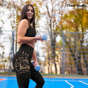 Merry Christmas Happy New Year Modern Black & Gold Leggings