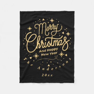 Merry Christmas Happy New Year Modern Green Gold Fleece Blanket