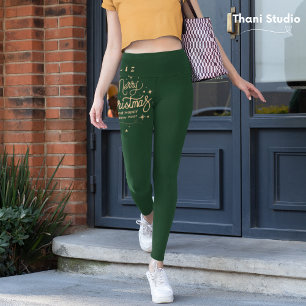 Merry Christmas Happy New Year Modern Green & Gold Leggings