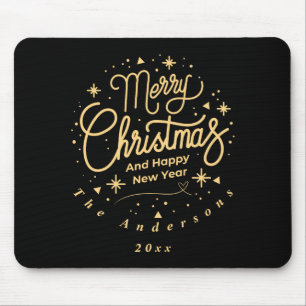 Merry Christmas Happy New Year Modern Green Gold Mouse Mat