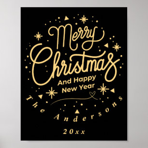 Merry Christmas Happy New Year Modern Green Gold Poster