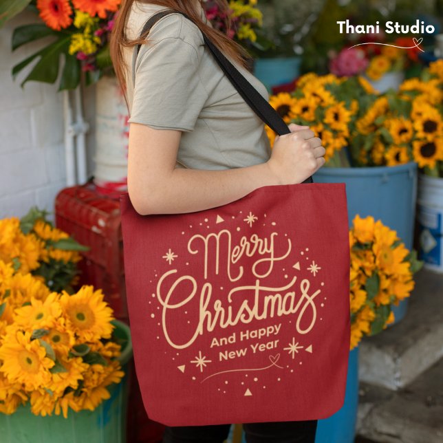 Merry Christmas Happy New Year Modern Red & Gold Tote Bag (Creator Uploaded)