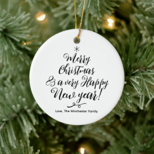 Merry Christmas Happy New Year modern script cute Ceramic Tree Decoration