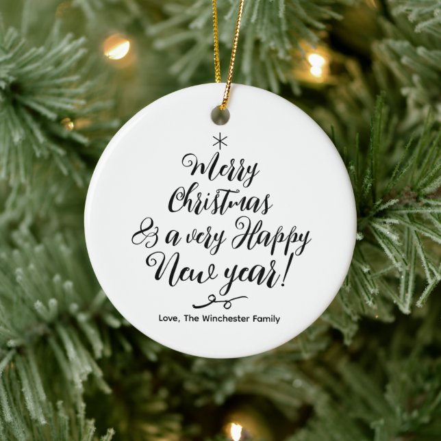Merry Christmas Happy New Year modern script cute Ceramic Tree Decoration (Tree)