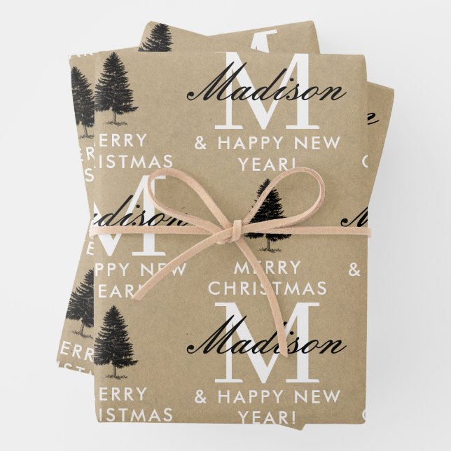 Merry Christmas Happy New Year Monogram Kraft Wrapping Paper Sheet (In situ)