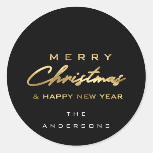 Merry Christmas & Happy New Year Name Black Gold Classic Round Sticker