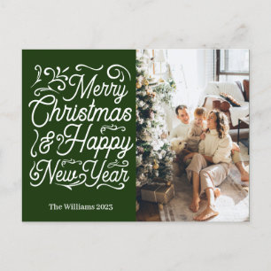 Merry Christmas & Happy New Year One Photo Green Holiday Postcard