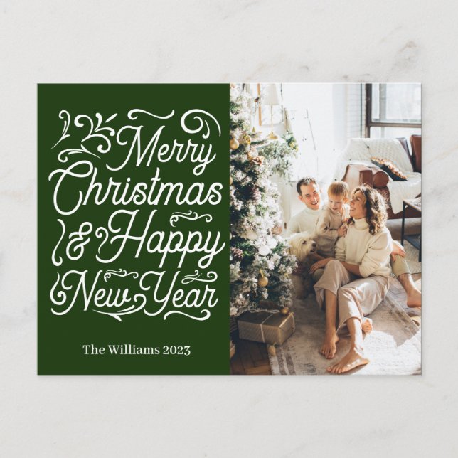 Merry Christmas & Happy New Year| One Photo| Green Holiday Postcard (Front)