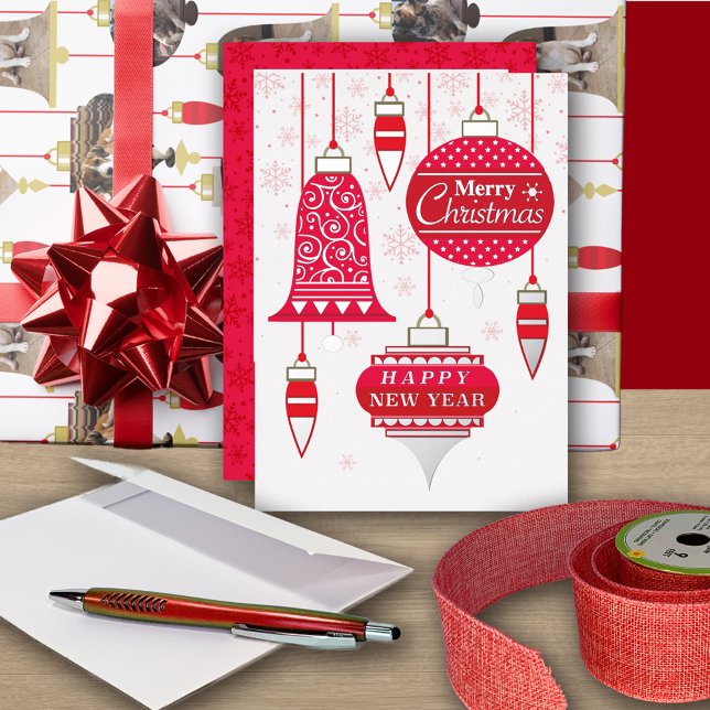 Merry Christmas Happy New Year Ornaments Red Real Foil Holiday Card (Creator Uploaded)